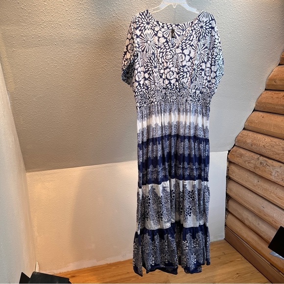 PHOOL Maxi Dress. 100% Cotton-batik look print. V-Neck. Vintage. Shirred Waist - Picture 1 of 6